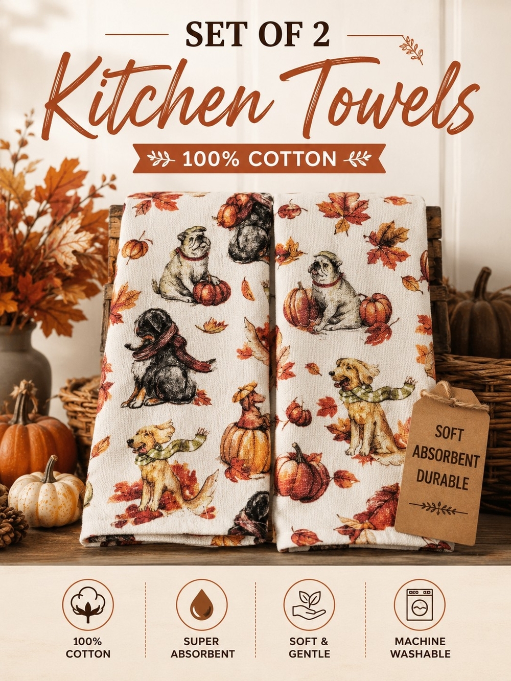 Autumn Pup Cotton Kitchen Towels - Set of 2